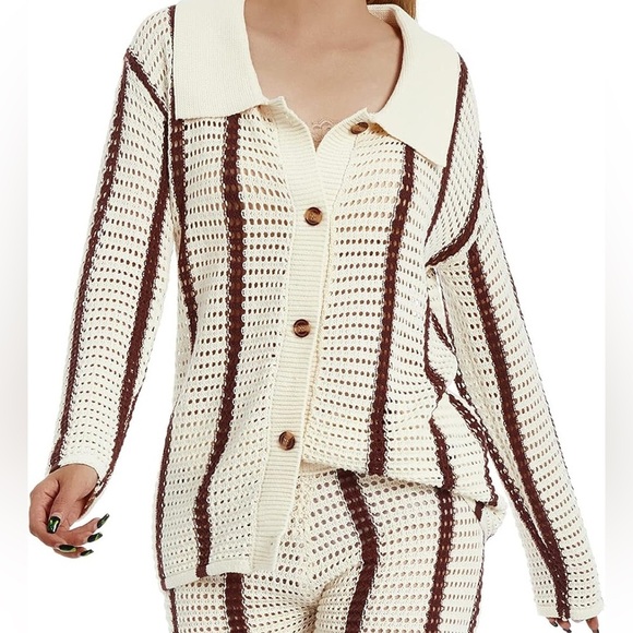 Women’s Knitted Cardigan Long Sleeve Button Up Crochet Striped Cardigan Sweater - Picture 9 of 10